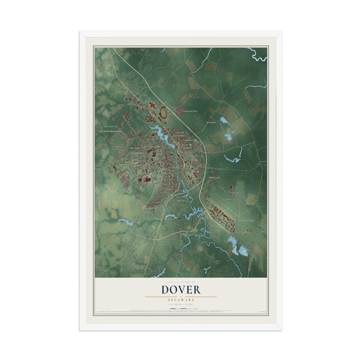 Map of Dover, Delaware, 12 x 18 inch print in a white wood frame