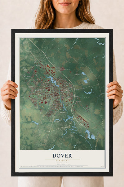 Map of Dover, Delaware, 18 x 24 inch print in a black wood frame