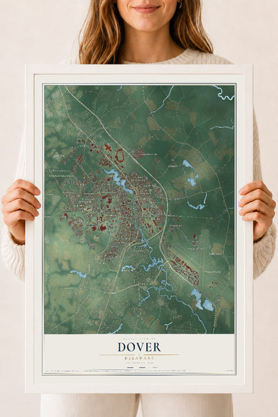 Map of Dover, Delaware, 18 x 24 inch print in a white wood frame