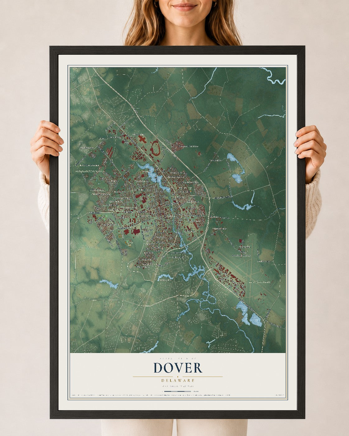 Map of Dover, Delaware, 24 x 36 inch print in a black wood frame