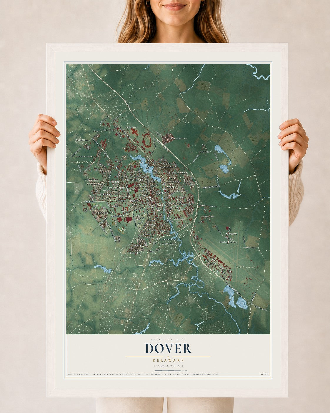 Map of Dover, Delaware, 24 x 36 inch print in a white wood frame