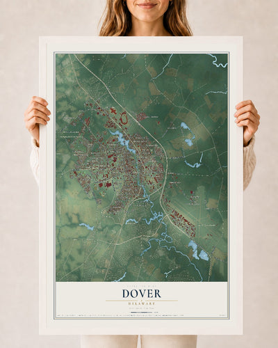Map of Dover, Delaware, 24 x 36 inch print in a white wood frame