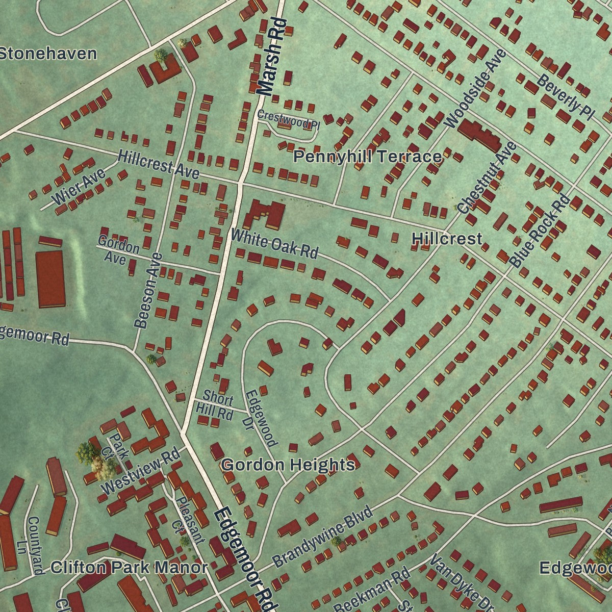 Close-up of the map of Edgemoor, Delaware print showing street and building detail