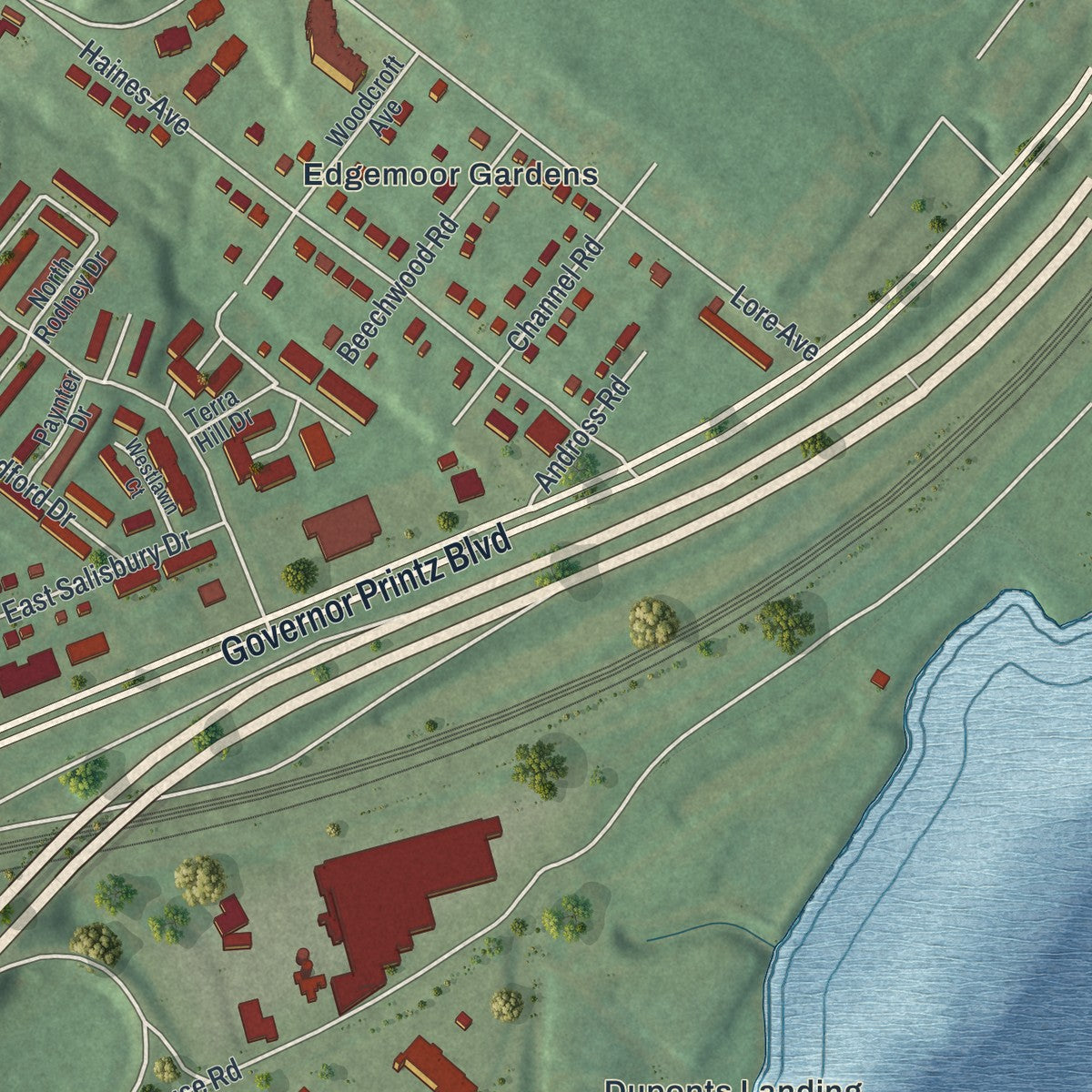 Second close-up of the map of Edgemoor, Delaware print showing more streets and buildings