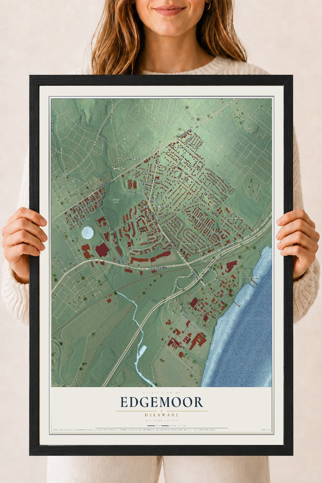 Map of Edgemoor, Delaware, 18 x 24 inch print in a black wood frame