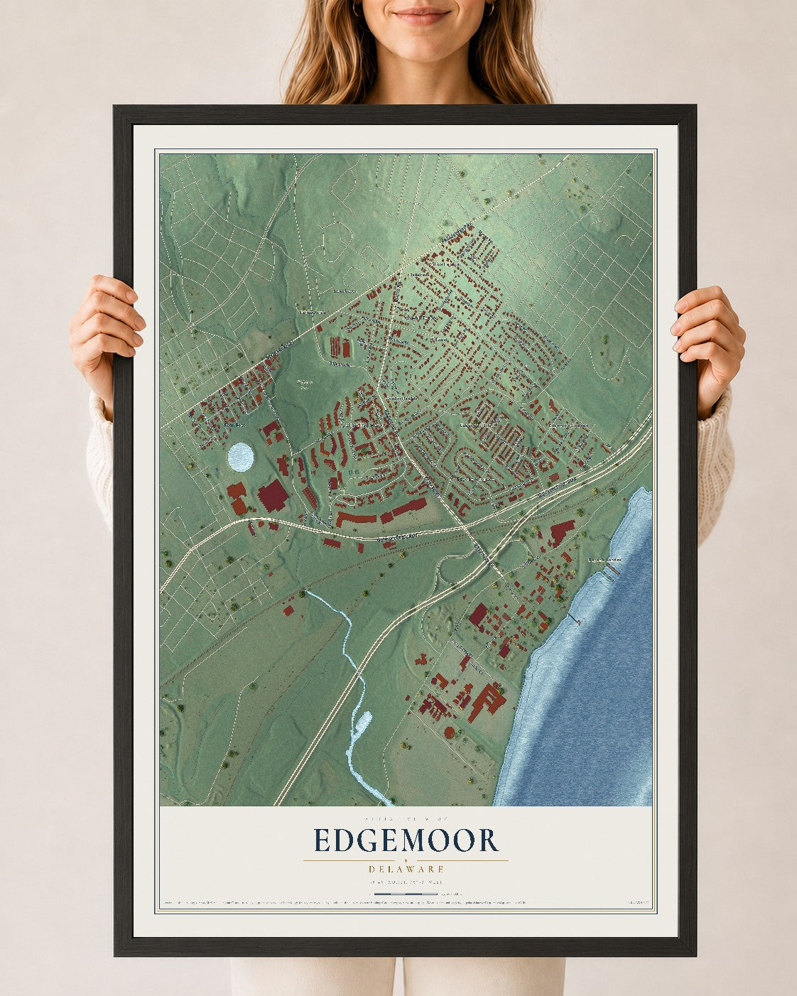 Map of Edgemoor, Delaware, 24 x 36 inch print in a black wood frame