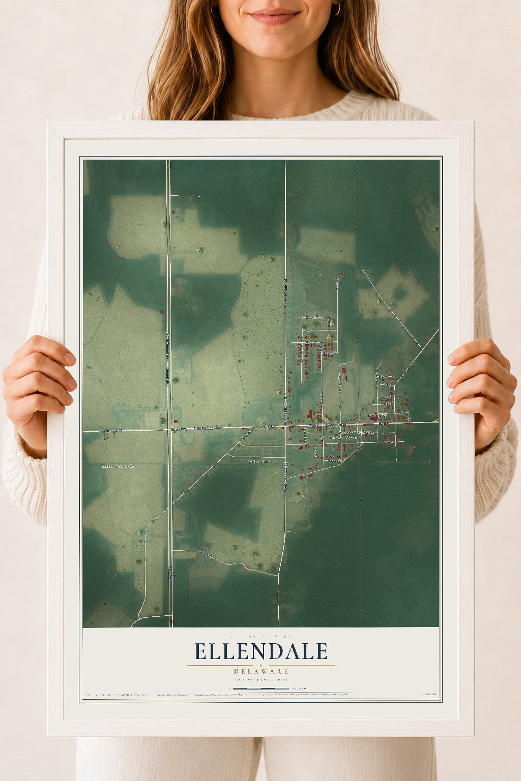 Map of Ellendale, Delaware, 18 x 24 inch print in a white wood frame