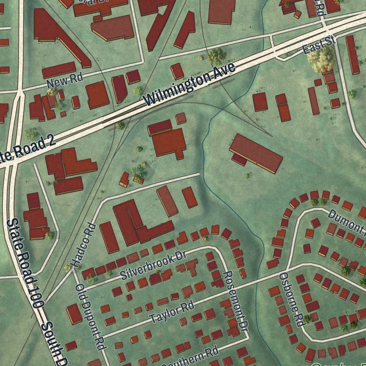 Second close-up of the map of Elsmere, Delaware print showing more streets and buildings
