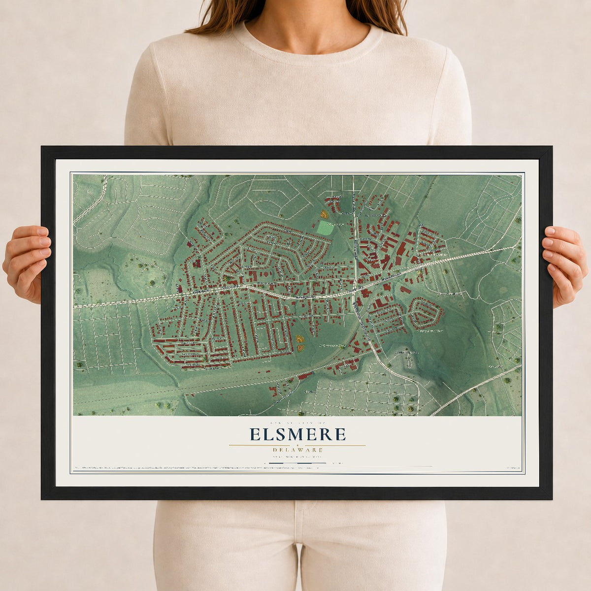 Map of Elsmere, Delaware, 12 x 18 inch print in a black wood frame