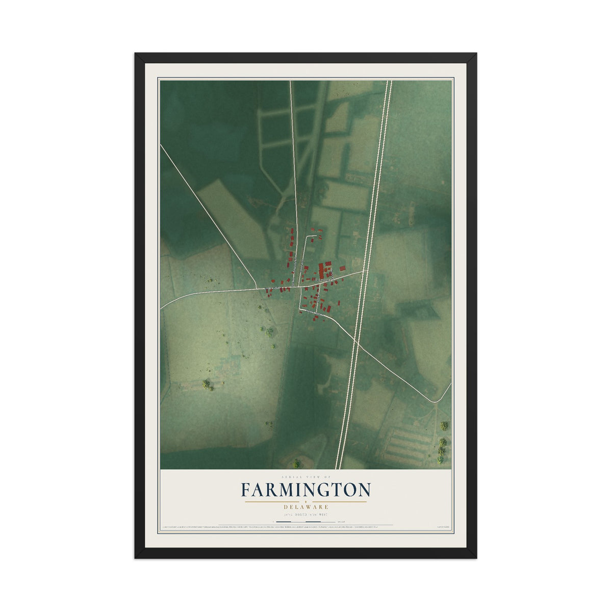 Map of Farmington, Delaware, 12 x 18 inch print in a black wood frame