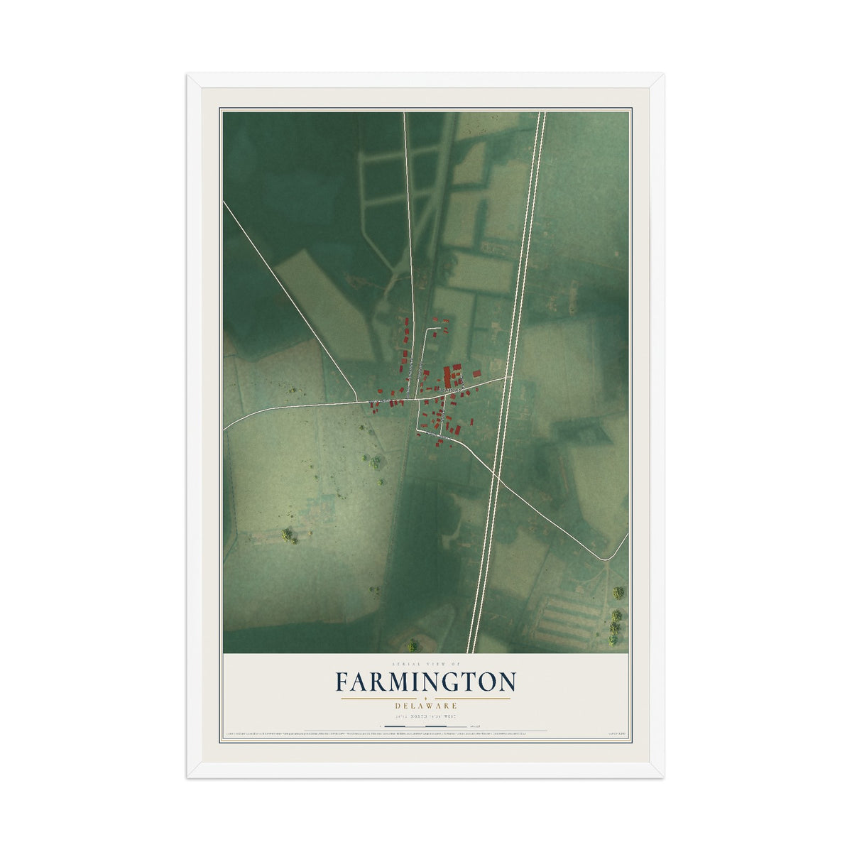 Map of Farmington, Delaware, 12 x 18 inch print in a white wood frame