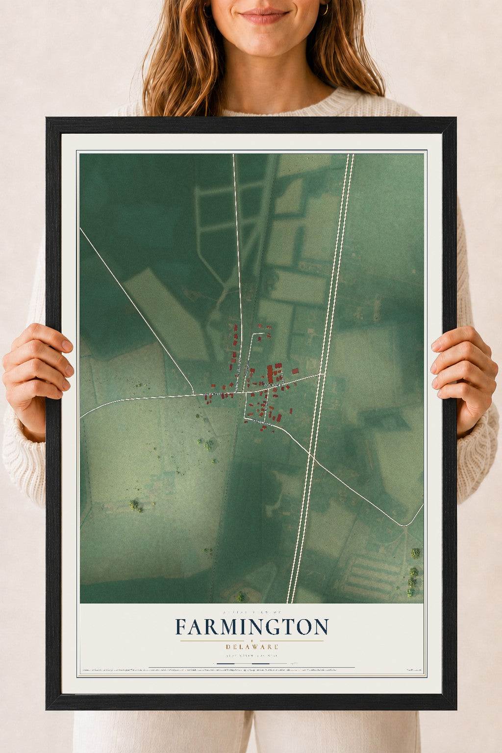 Map of Farmington, Delaware, 18 x 24 inch print in a black wood frame