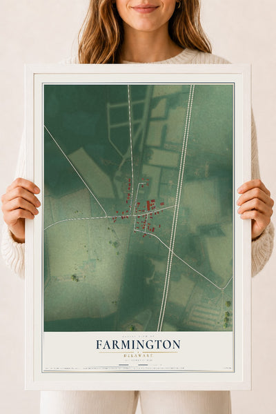 Map of Farmington, Delaware, 18 x 24 inch print in a white wood frame