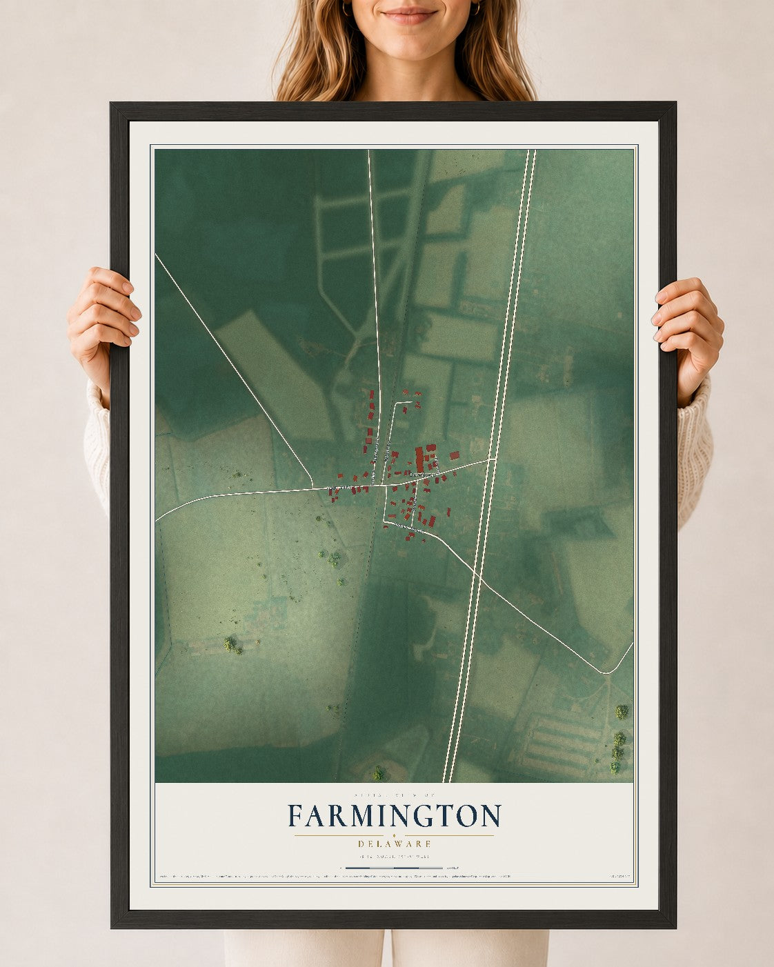 Map of Farmington, Delaware, 24 x 36 inch print in a black wood frame