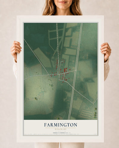 Map of Farmington, Delaware, 24 x 36 inch print in a white wood frame