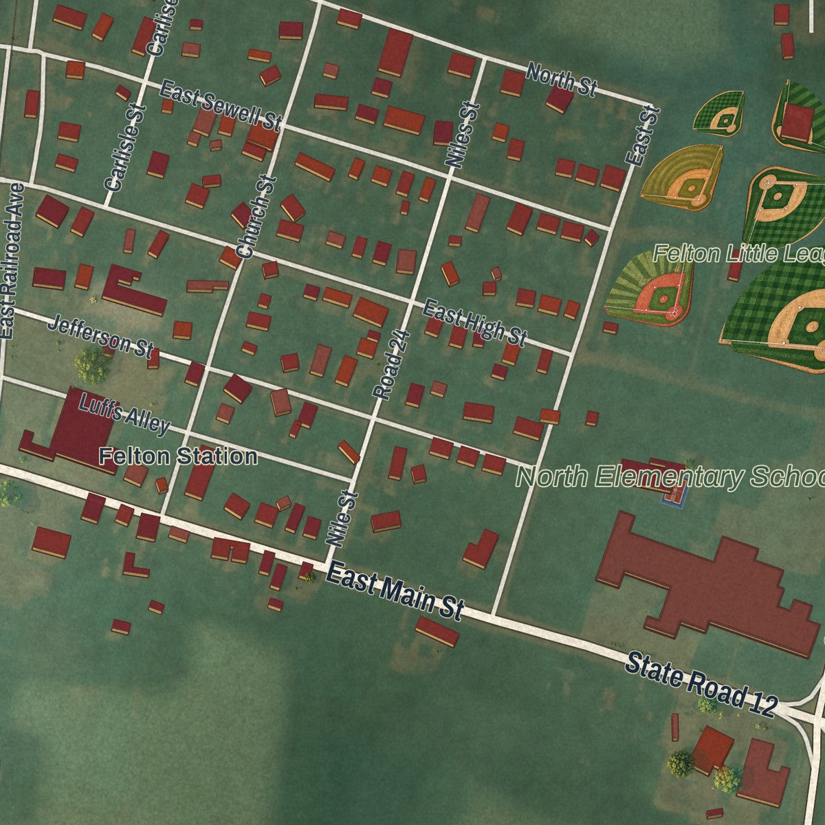 Close-up of the map of Felton, Delaware print showing street and building detail