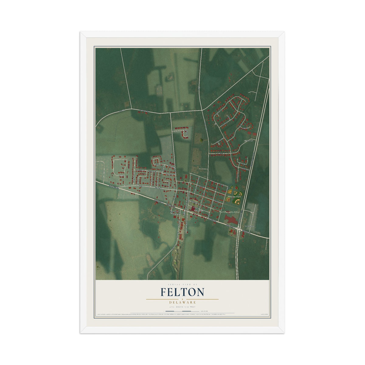 Map of Felton, Delaware, 12 x 18 inch print in a white wood frame