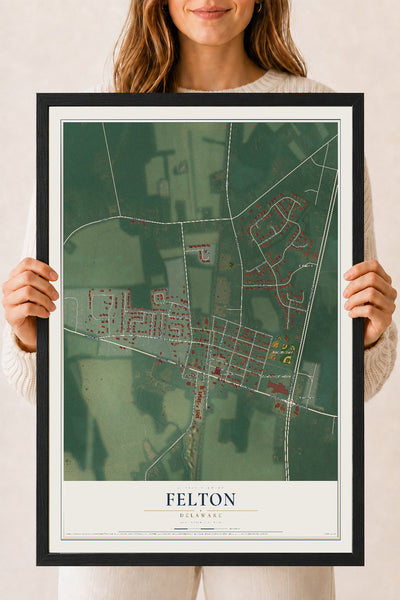 Map of Felton, Delaware, 18 x 24 inch print in a black wood frame