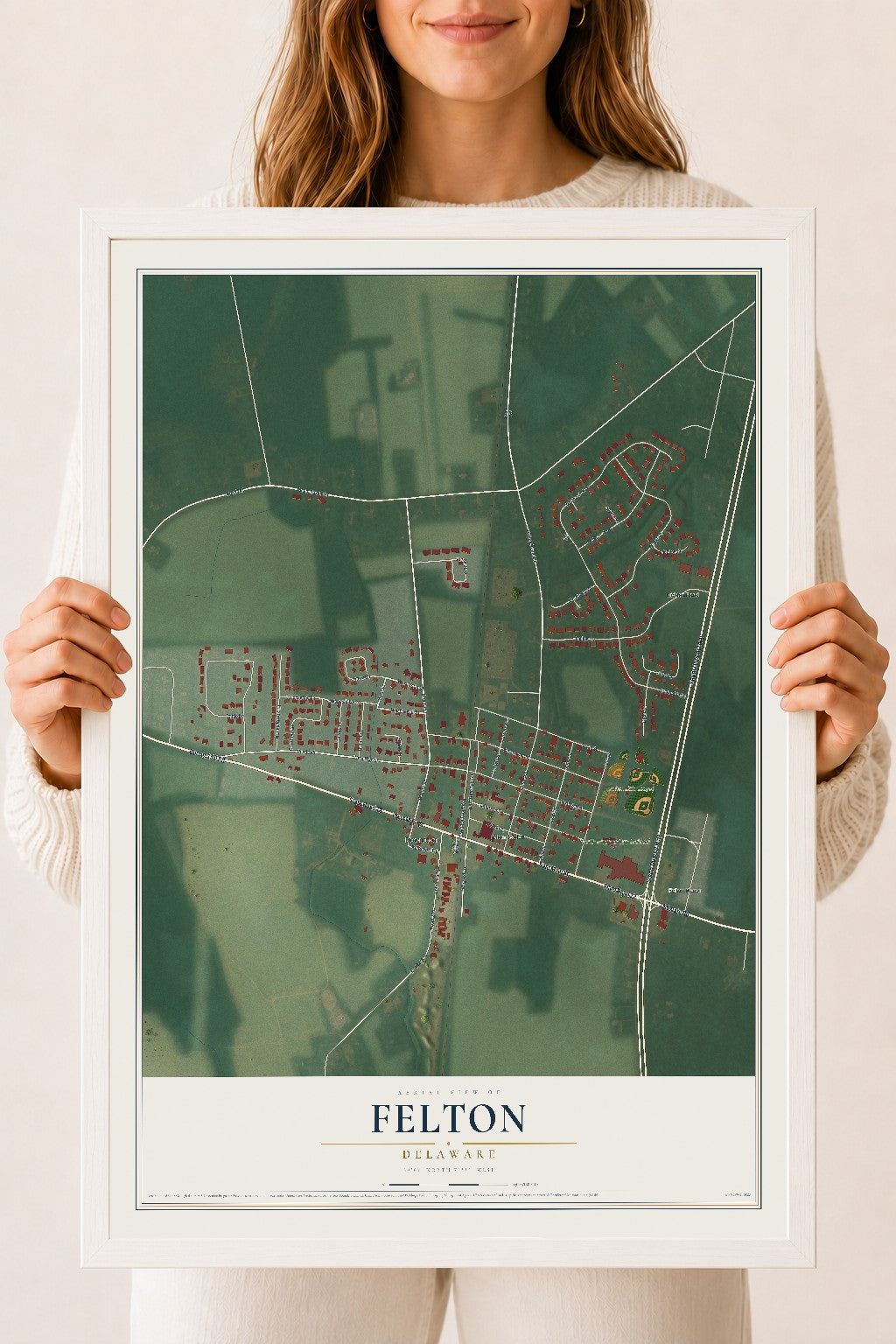 Map of Felton, Delaware, 18 x 24 inch print in a white wood frame