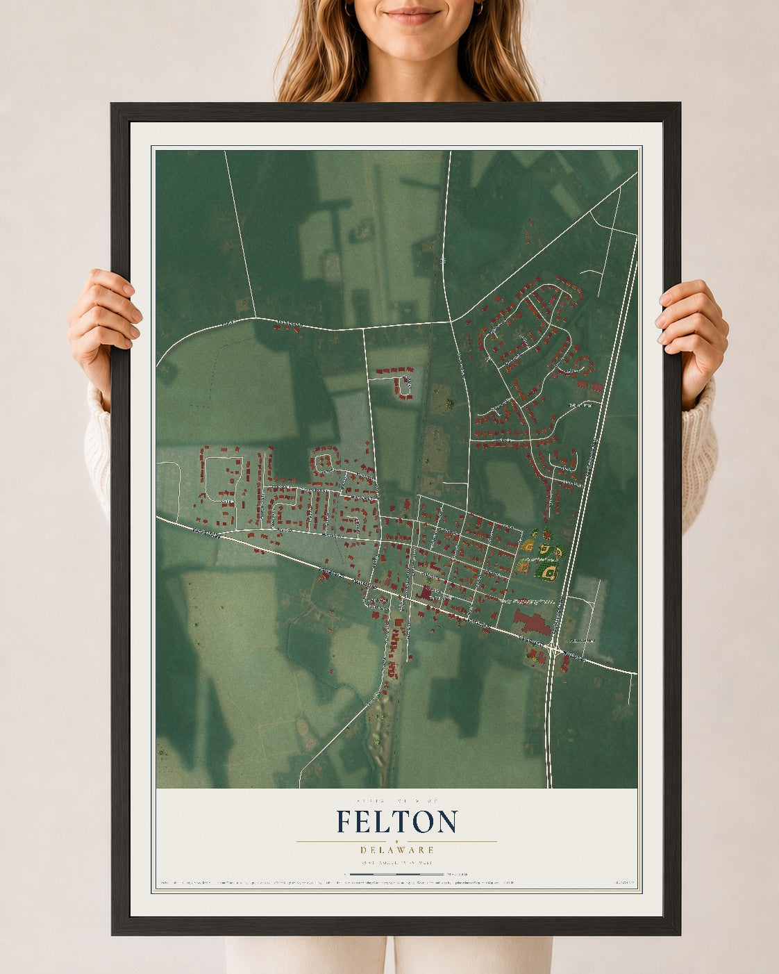 Map of Felton, Delaware, 24 x 36 inch print in a black wood frame