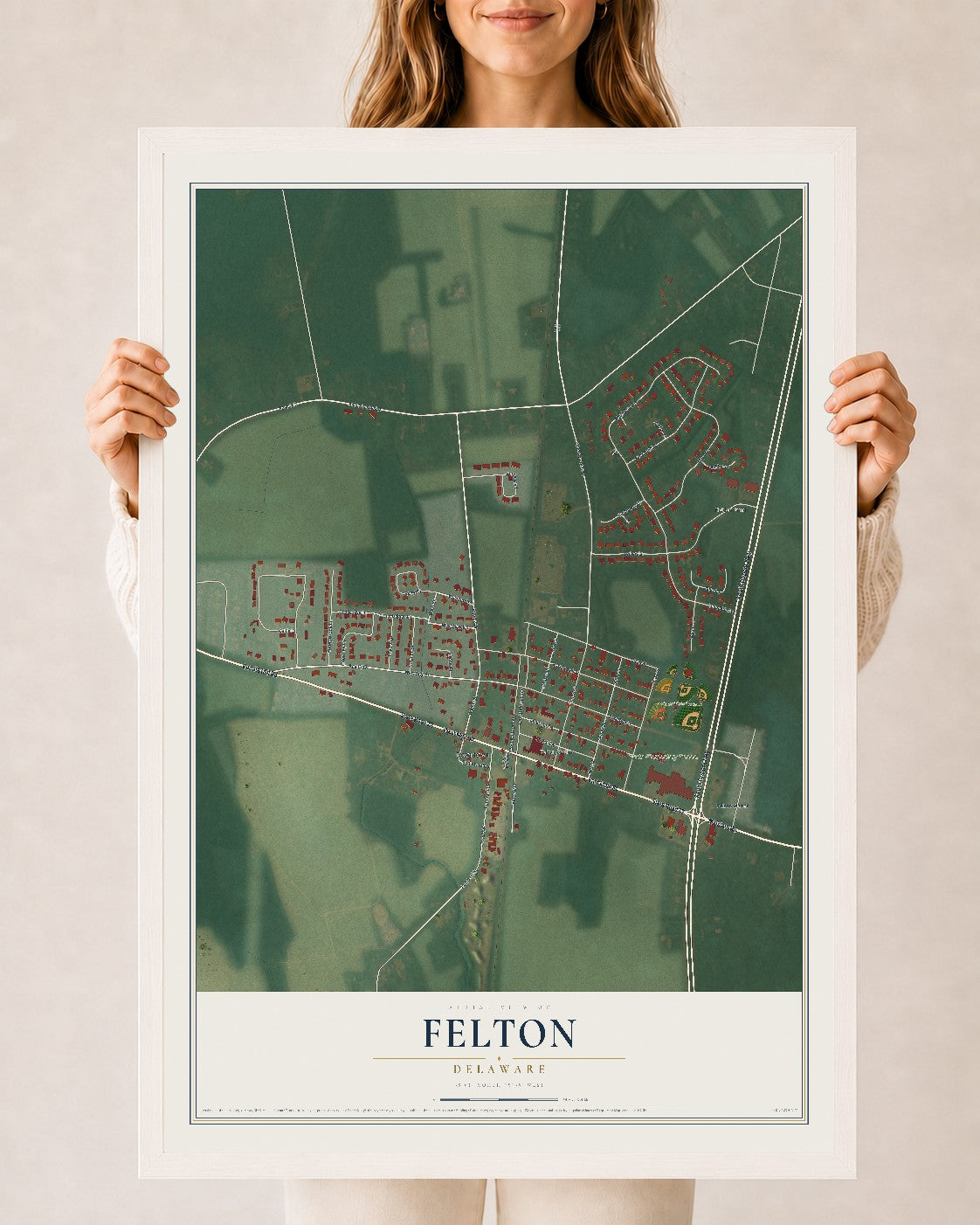 Map of Felton, Delaware, 24 x 36 inch print in a white wood frame