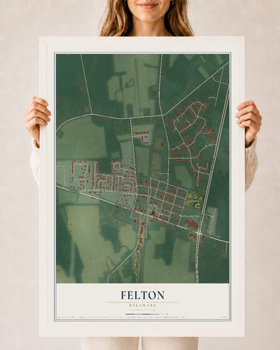 Map of Felton, Delaware, 24 x 36 inch print in a white wood frame