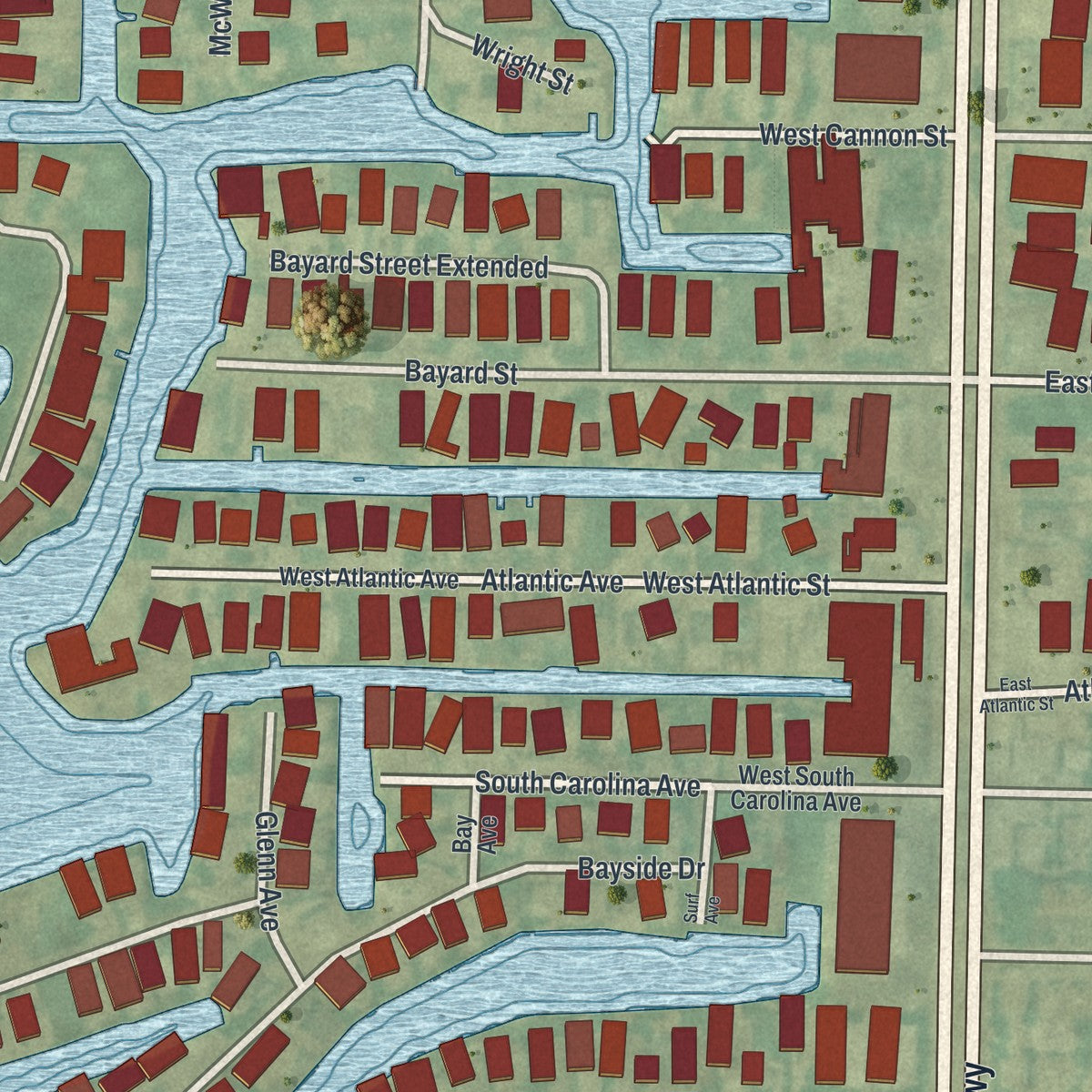 Close-up of the map of Fenwick Island, Delaware print showing street and building detail