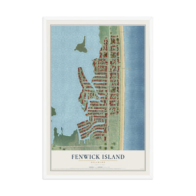 Map of Fenwick Island, Delaware, 12 x 18 inch print in a white wood frame