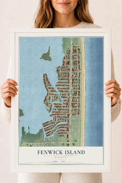 Map of Fenwick Island, Delaware, 18 x 24 inch print in a white wood frame