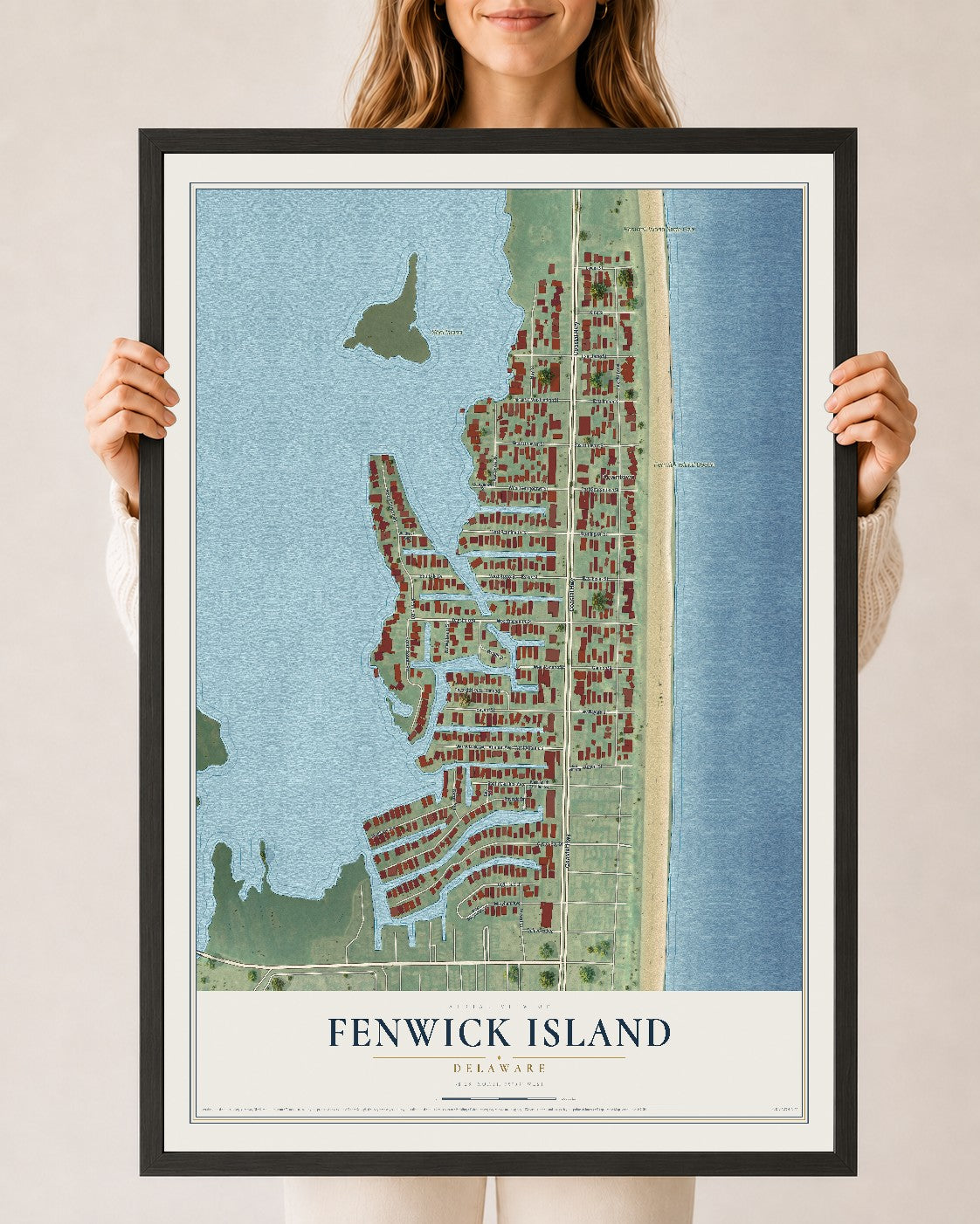 Map of Fenwick Island, Delaware, 24 x 36 inch print in a black wood frame