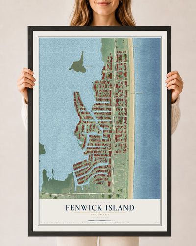 Map of Fenwick Island, Delaware, 24 x 36 inch print in a black wood frame