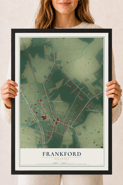 Map of Frankford, Delaware, 18 x 24 inch print in a black wood frame