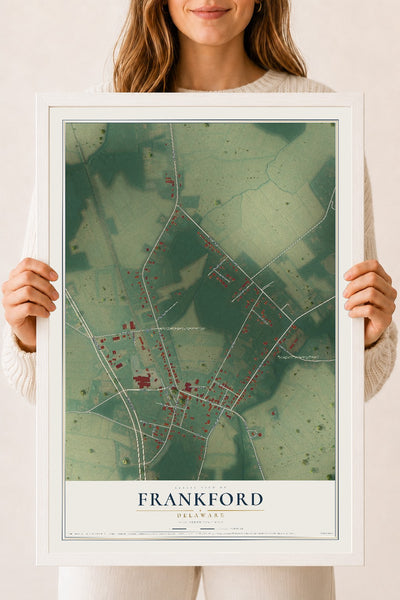 Map of Frankford, Delaware, 18 x 24 inch print in a white wood frame