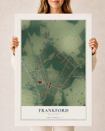 Map of Frankford, Delaware, 24 x 36 inch print in a white wood frame