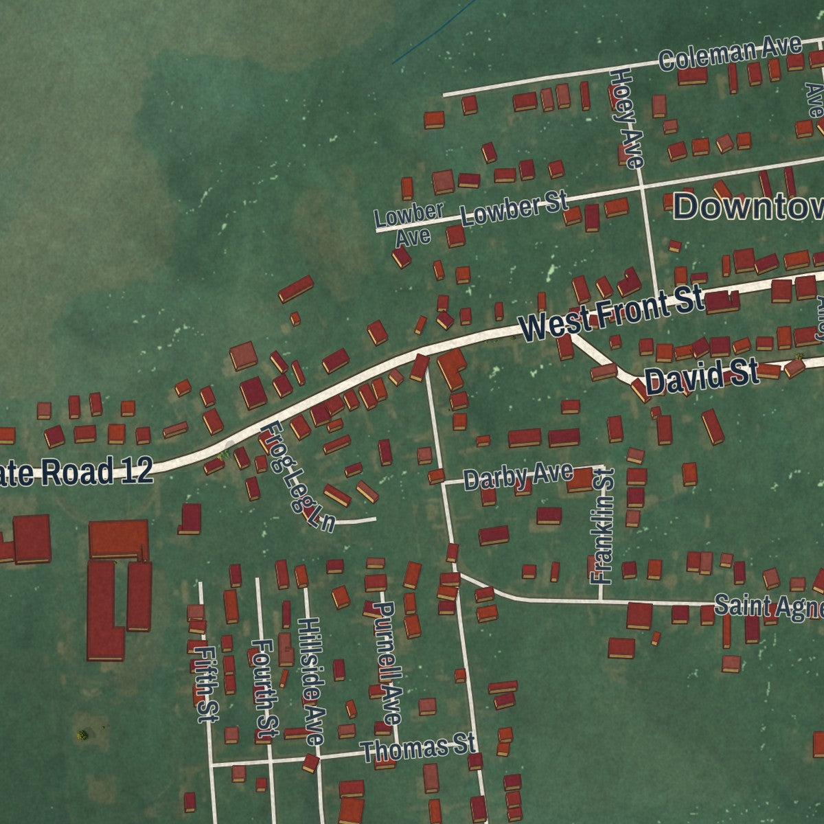 Close-up of the map of Frederica, Delaware print showing street and building detail