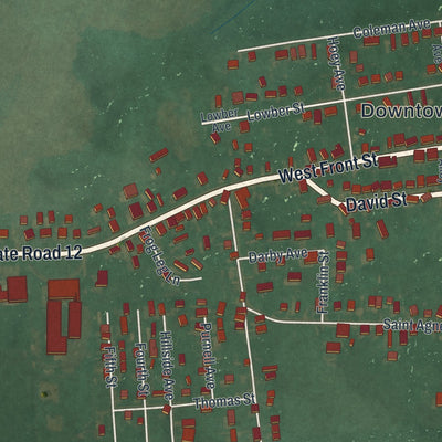 Close-up of the map of Frederica, Delaware print showing street and building detail
