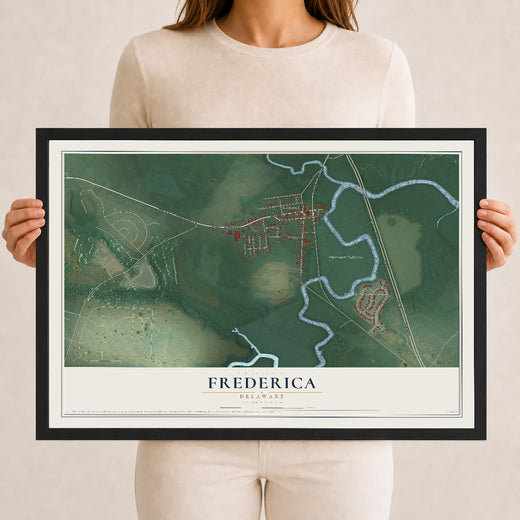 Map of Frederica, Delaware, 12 x 18 inch print in a black wood frame