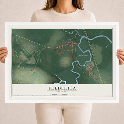 Map of Frederica, Delaware, 18 x 24 inch print in a white wood frame