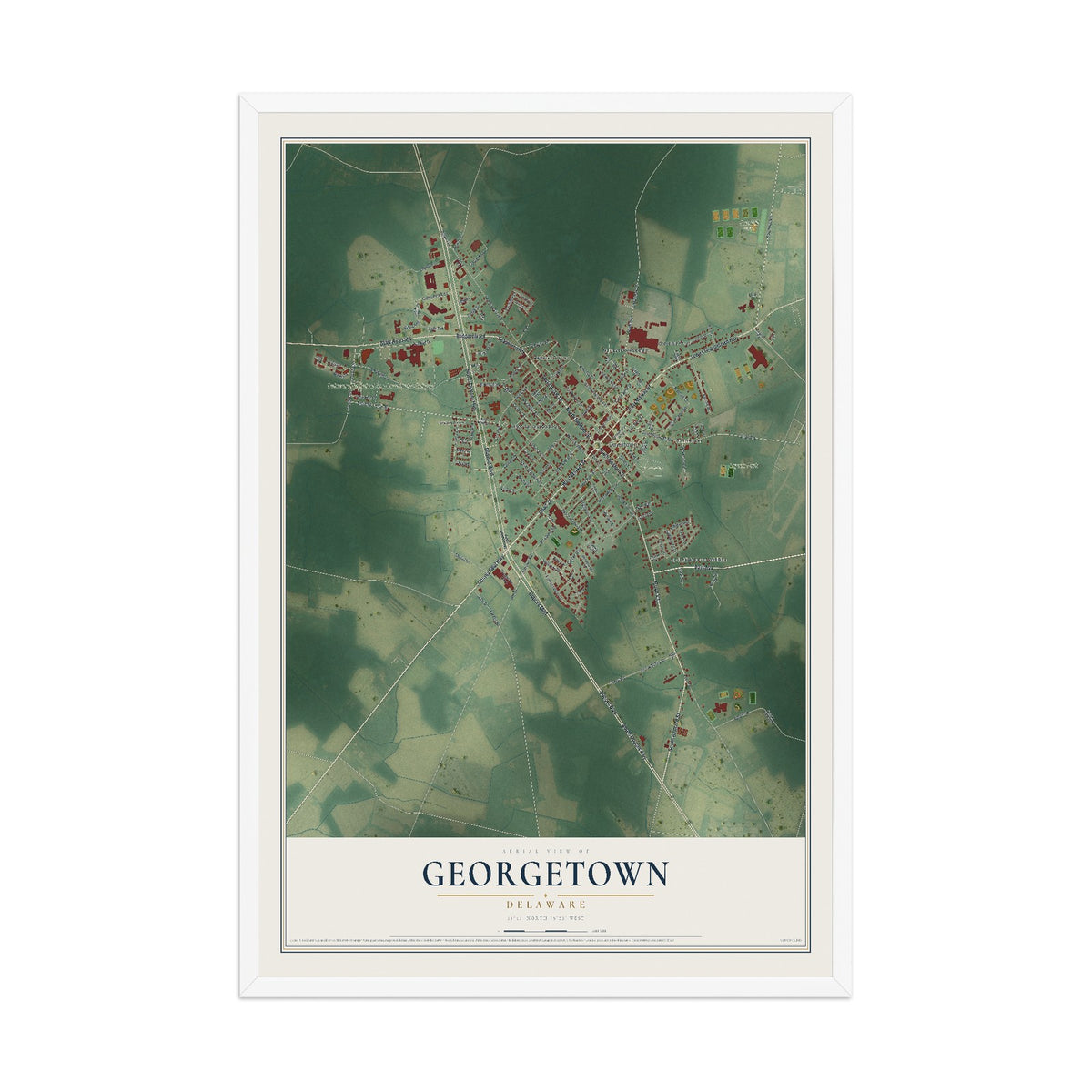 Map of Georgetown, Delaware, 12 x 18 inch print in a white wood frame