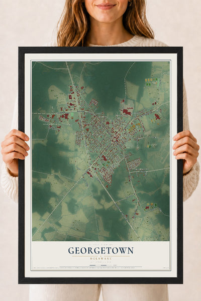 Map of Georgetown, Delaware, 18 x 24 inch print in a black wood frame