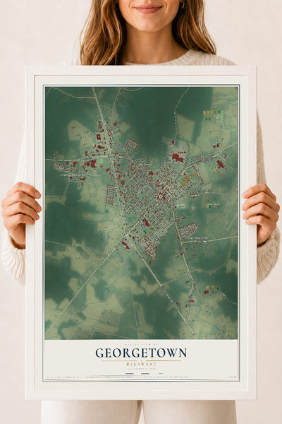 Map of Georgetown, Delaware, 18 x 24 inch print in a white wood frame