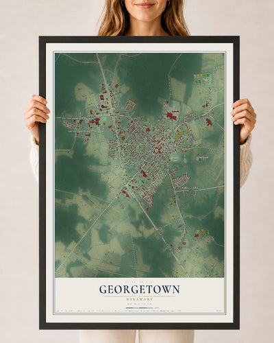 Map of Georgetown, Delaware, 24 x 36 inch print in a black wood frame