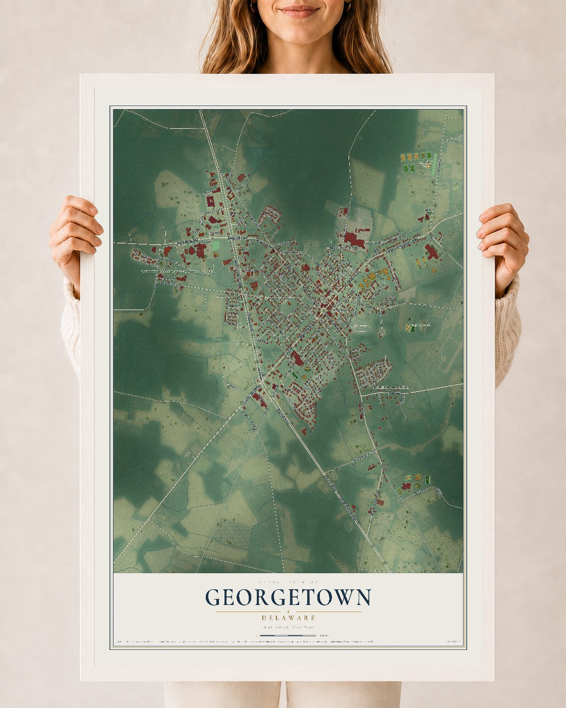 Map of Georgetown, Delaware, 24 x 36 inch print in a white wood frame