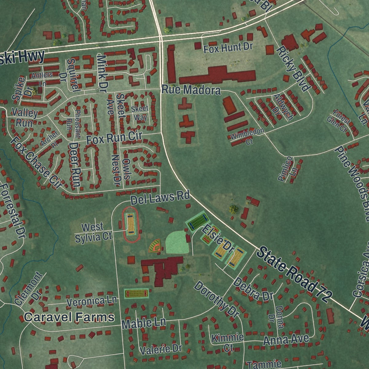 Close-up of the map of Glasgow, Delaware print showing street and building detail