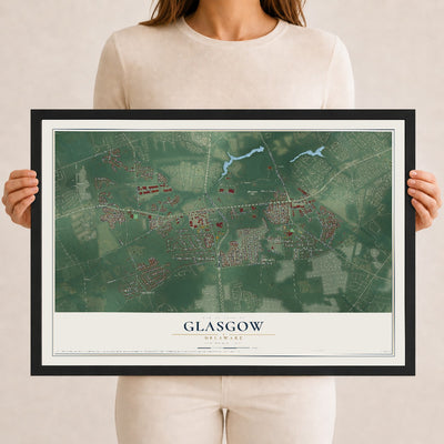 Map of Glasgow, Delaware, 12 x 18 inch print in a black wood frame