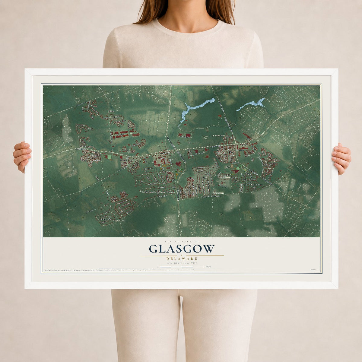 Map of Glasgow, Delaware, 24 x 36 inch print in a white wood frame