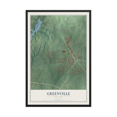Map of Greenville, Delaware, 12 x 18 inch print in a black wood frame