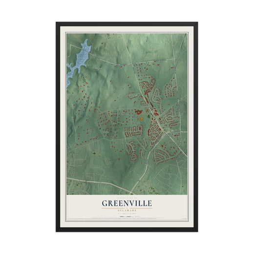 Map of Greenville, Delaware, 12 x 18 inch print in a black wood frame