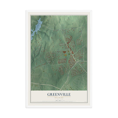 Map of Greenville, Delaware, 12 x 18 inch print in a white wood frame