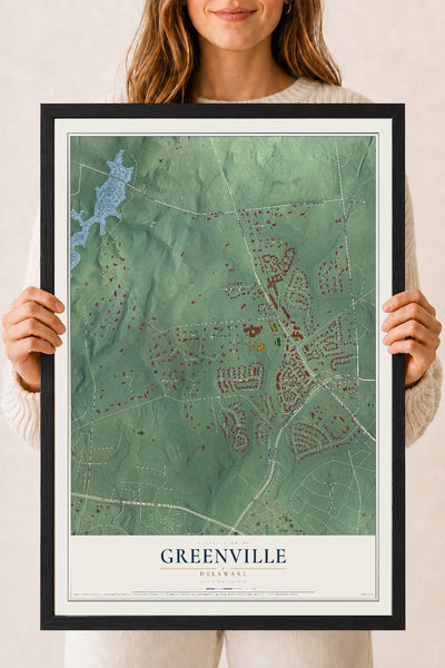 Map of Greenville, Delaware, 18 x 24 inch print in a black wood frame